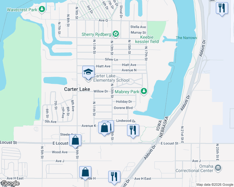 map of restaurants, bars, coffee shops, grocery stores, and more near 3701 North 13th Street in Carter Lake