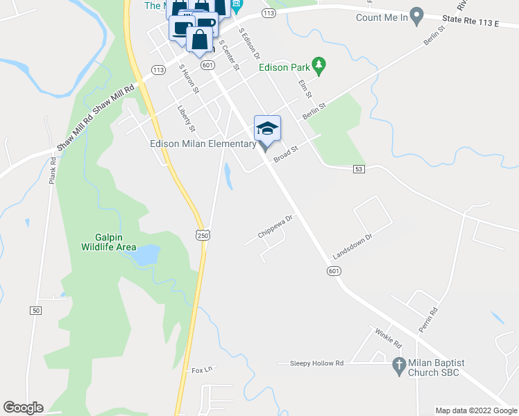 map of restaurants, bars, coffee shops, grocery stores, and more near 185 South Main Street in Milan