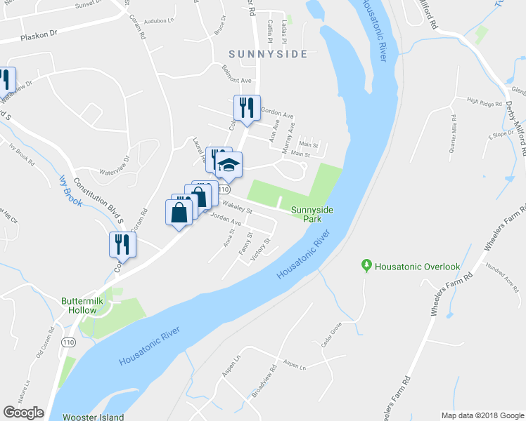 map of restaurants, bars, coffee shops, grocery stores, and more near 62 Wakeley St in Shelton