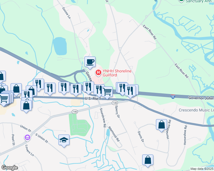 map of restaurants, bars, coffee shops, grocery stores, and more near 47 Clapboard Hill Road in Guilford