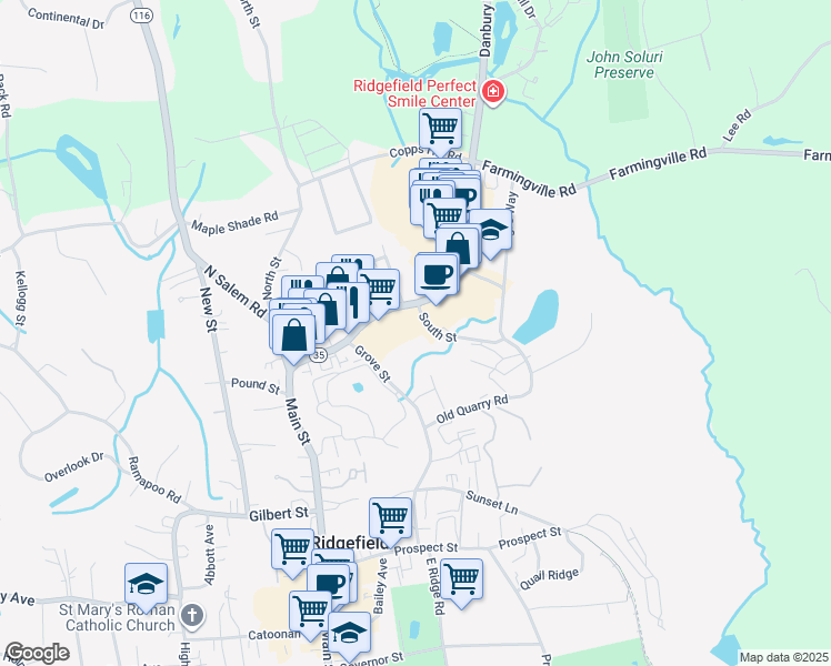 map of restaurants, bars, coffee shops, grocery stores, and more near 56 Danbury Road in Ridgefield