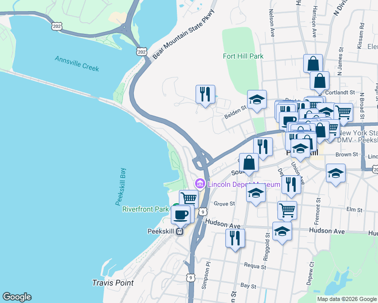 map of restaurants, bars, coffee shops, grocery stores, and more near 410 Main Street in Peekskill
