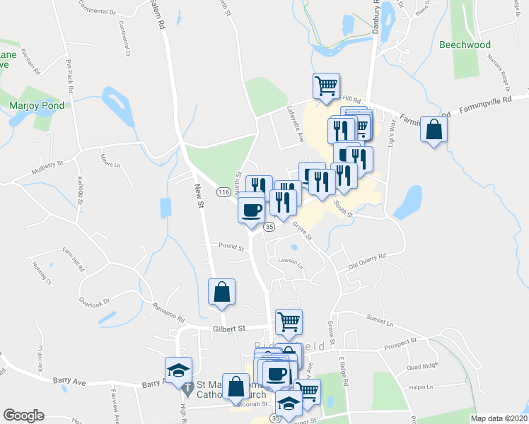 map of restaurants, bars, coffee shops, grocery stores, and more near 19 Danbury Road in Ridgefield