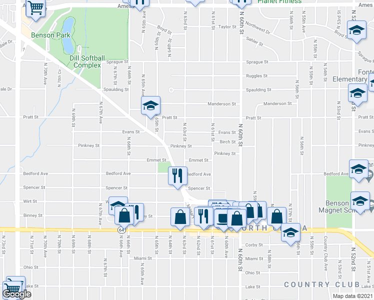 map of restaurants, bars, coffee shops, grocery stores, and more near 3417 North 63rd Street in Omaha