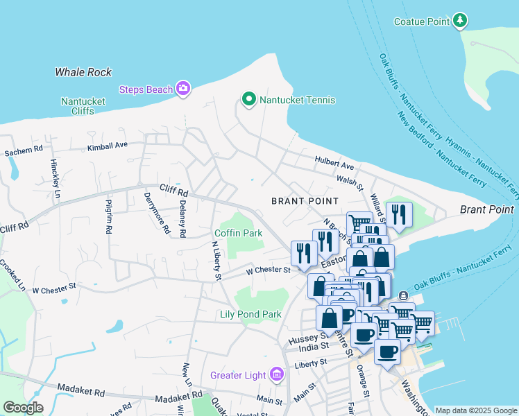 map of restaurants, bars, coffee shops, grocery stores, and more near 43 Cliff Road in Nantucket