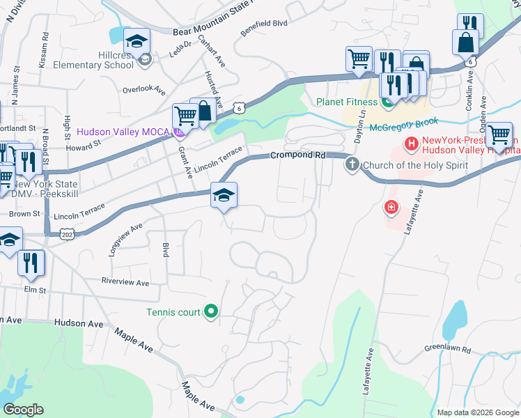 map of restaurants, bars, coffee shops, grocery stores, and more near 68 Cayuga Drive in Peekskill