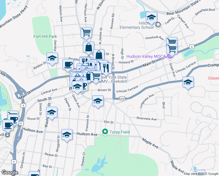 map of restaurants, bars, coffee shops, grocery stores, and more near in Peekskill