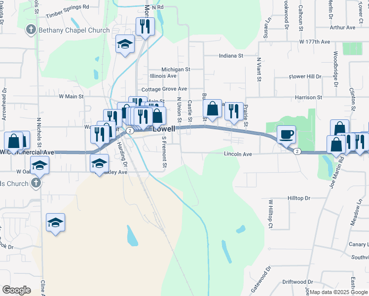 map of restaurants, bars, coffee shops, grocery stores, and more near 615 Lincoln Avenue in Lowell