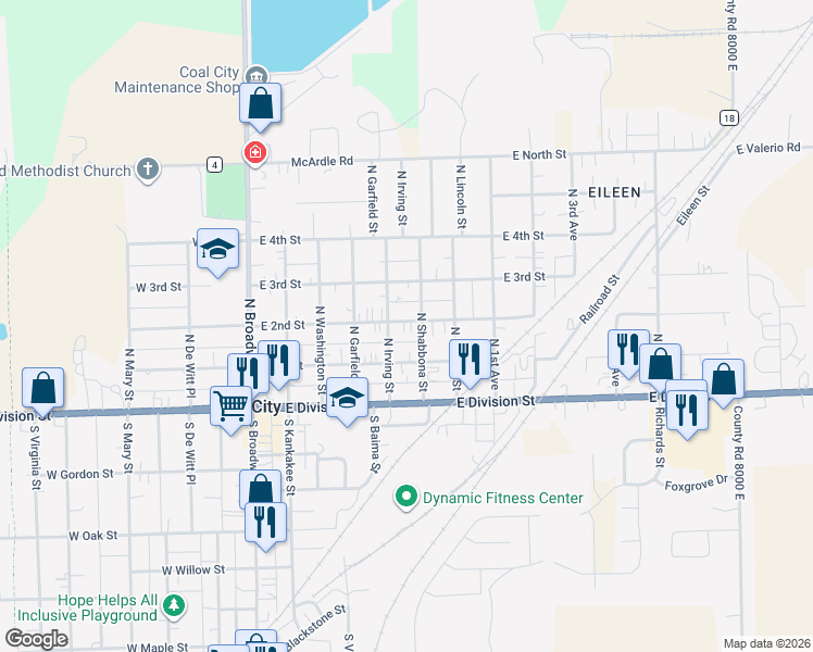 map of restaurants, bars, coffee shops, grocery stores, and more near 430 East 2nd Street in Coal City