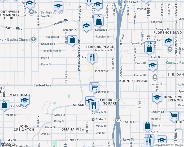 map of restaurants, bars, coffee shops, grocery stores, and more near in Omaha