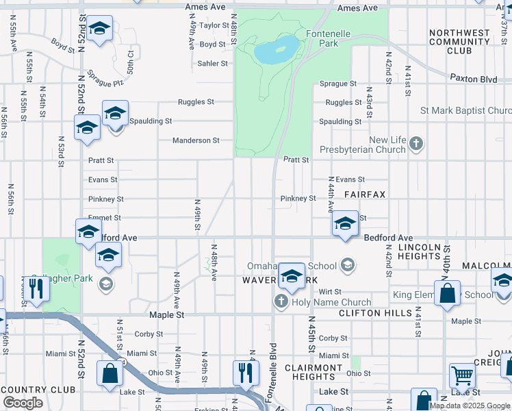 map of restaurants, bars, coffee shops, grocery stores, and more near 3348 Fontenelle Boulevard in Omaha