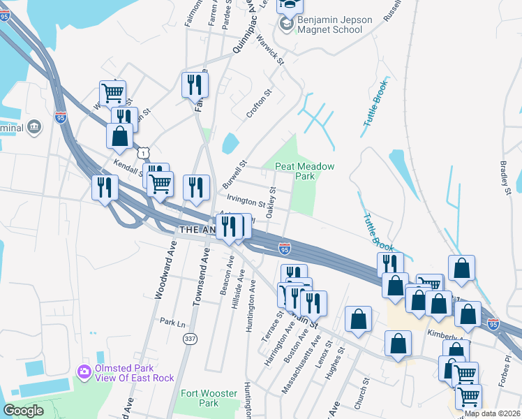 map of restaurants, bars, coffee shops, grocery stores, and more near 65 Irvington Street in New Haven