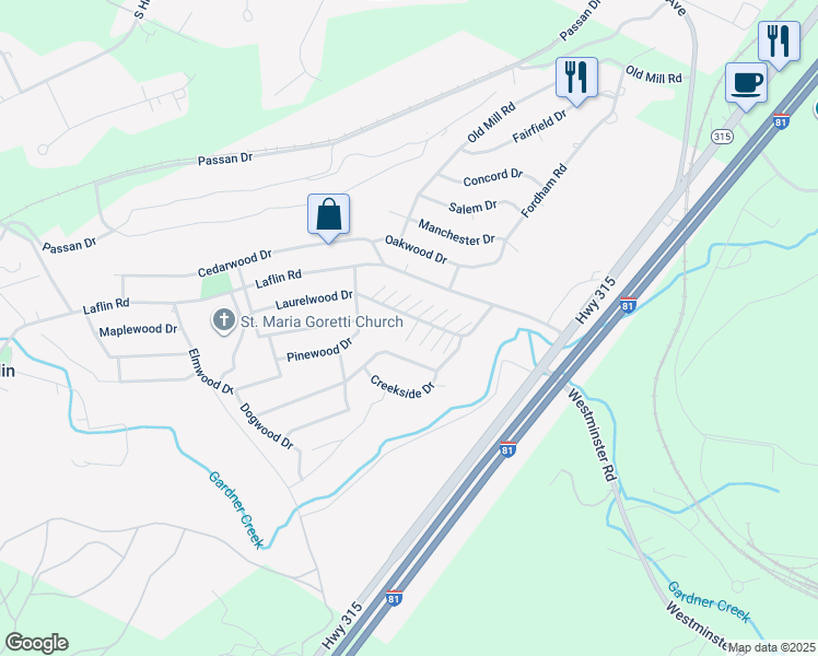 map of restaurants, bars, coffee shops, grocery stores, and more near 213 Haverford Drive in Wilkes-Barre
