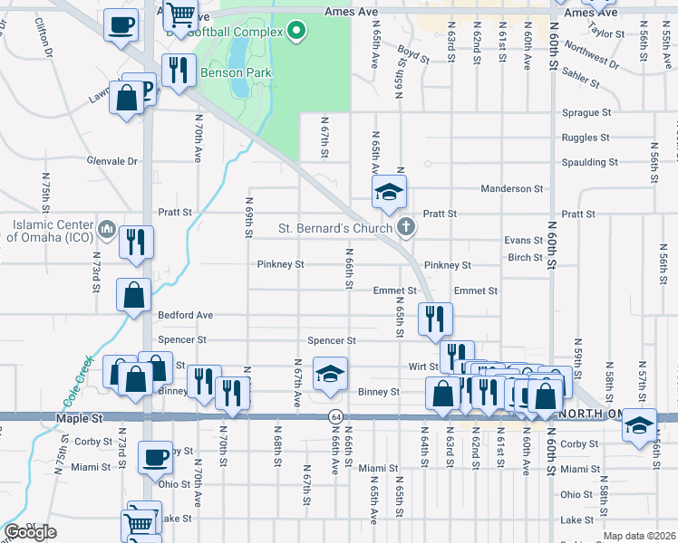 map of restaurants, bars, coffee shops, grocery stores, and more near 6615 Pinkney Street in Omaha