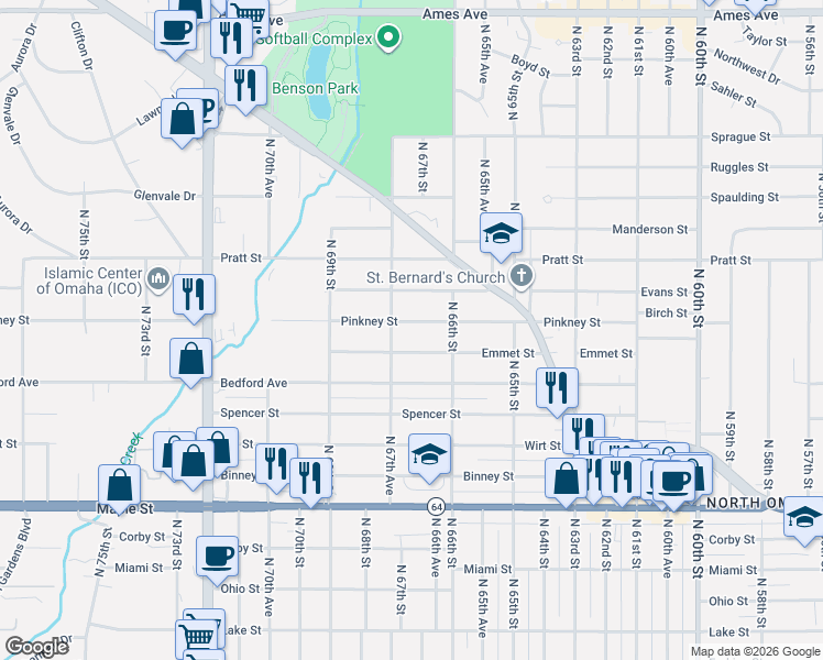 map of restaurants, bars, coffee shops, grocery stores, and more near 6647 Pinkney Street in Omaha