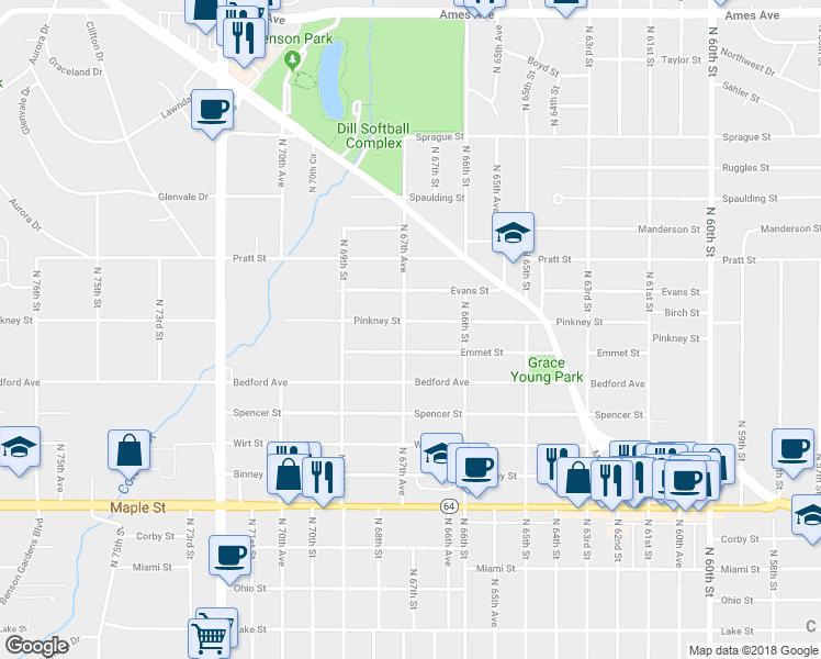 map of restaurants, bars, coffee shops, grocery stores, and more near 6647 Pinkney Street in Omaha