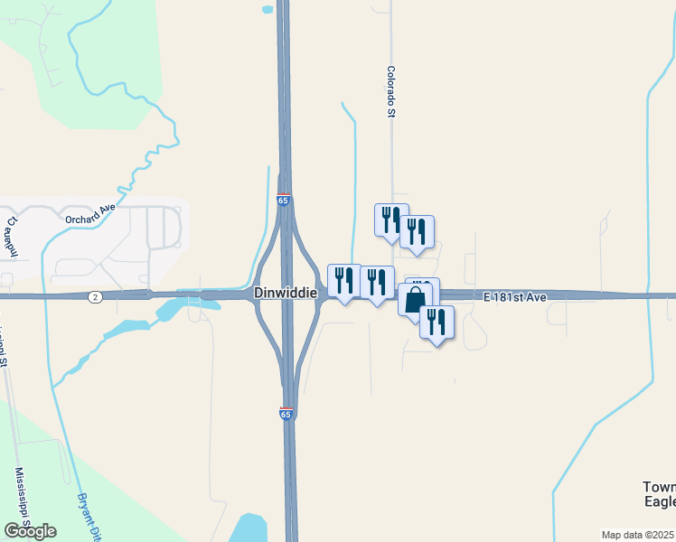 map of restaurants, bars, coffee shops, grocery stores, and more near 18010 Colorado Street in Hebron