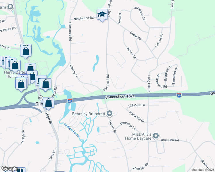 map of restaurants, bars, coffee shops, grocery stores, and more near 16 Oak Hill Drive in Clinton