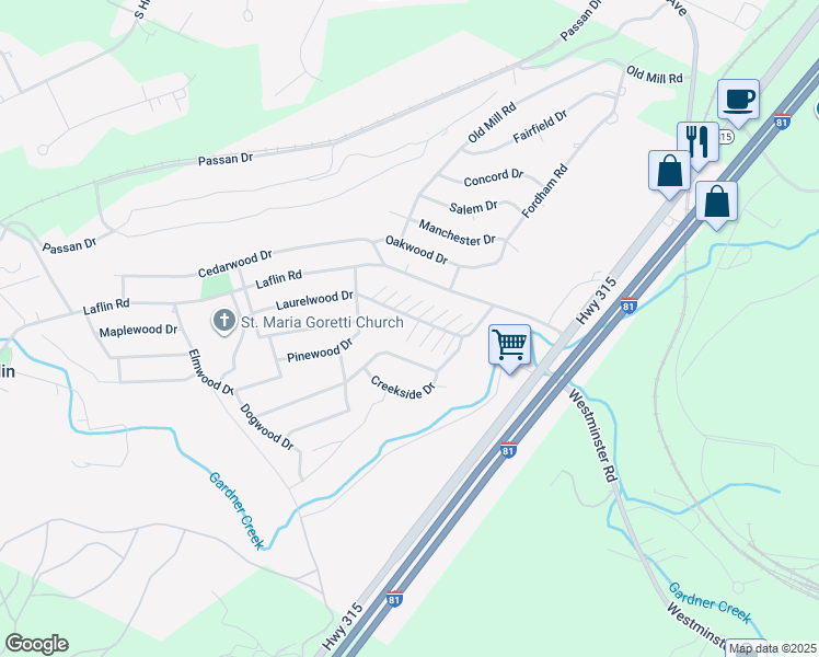 map of restaurants, bars, coffee shops, grocery stores, and more near 213 Haverford Drive in Wilkes-Barre