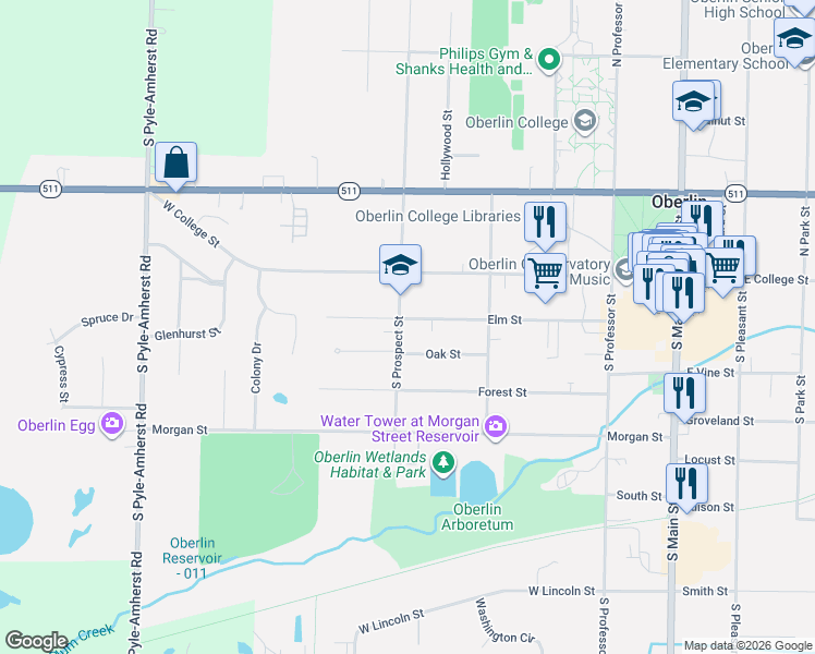map of restaurants, bars, coffee shops, grocery stores, and more near 291 Elm Street in Oberlin