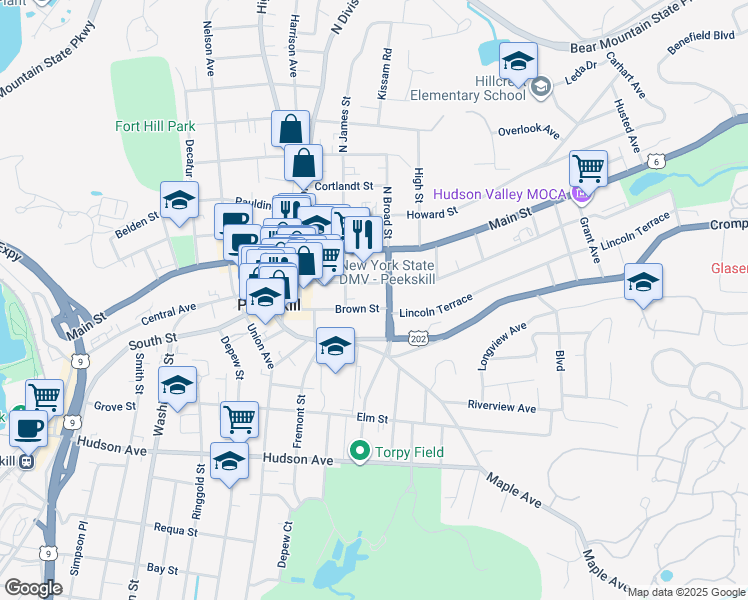 map of restaurants, bars, coffee shops, grocery stores, and more near in Peekskill