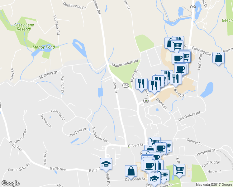 map of restaurants, bars, coffee shops, grocery stores, and more near 77 New Street in Ridgefield