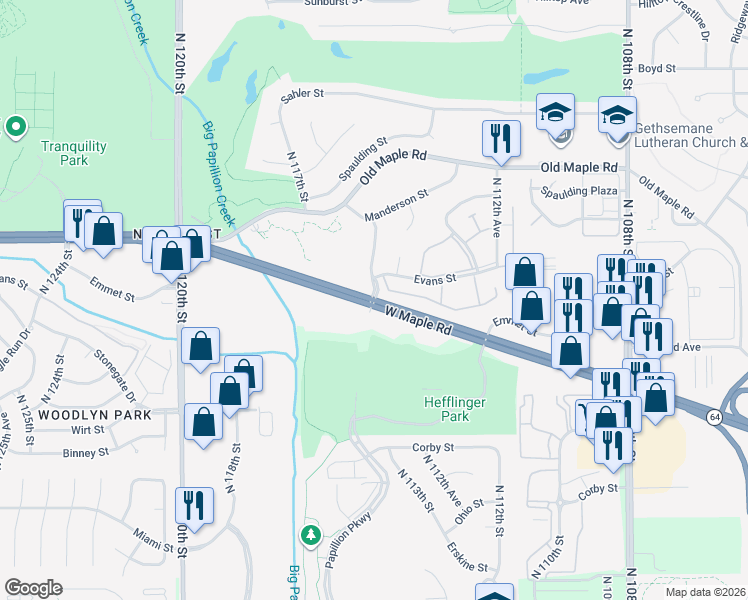 map of restaurants, bars, coffee shops, grocery stores, and more near W Maple Rd & N 114th Ave in Omaha