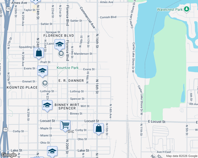 map of restaurants, bars, coffee shops, grocery stores, and more near 3419 North 16th Street in Omaha