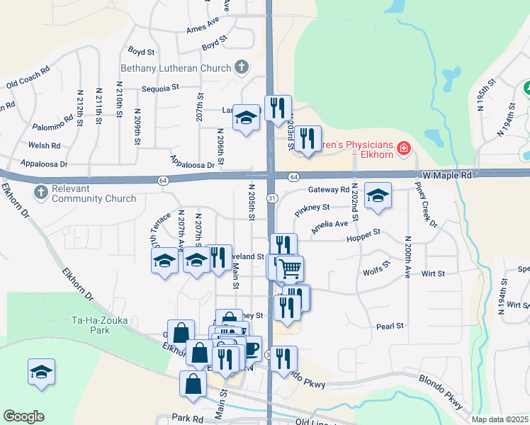 map of restaurants, bars, coffee shops, grocery stores, and more near 3505 Gateway Road in Omaha