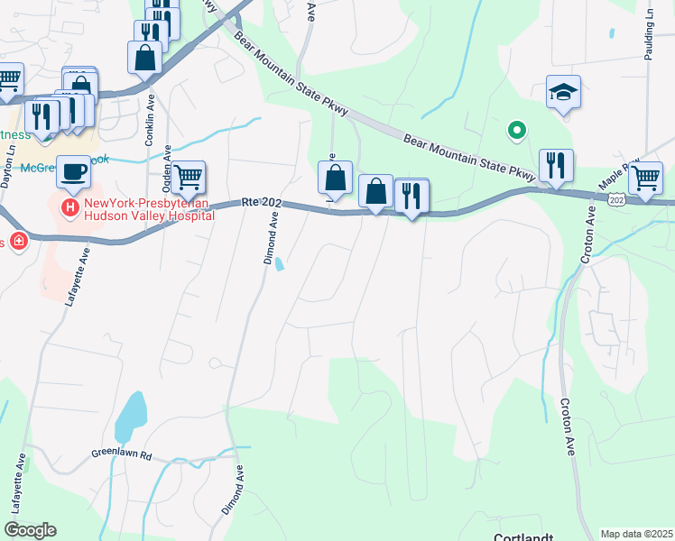 map of restaurants, bars, coffee shops, grocery stores, and more near 17 Edgewood Road in Cortlandt