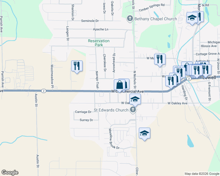 map of restaurants, bars, coffee shops, grocery stores, and more near 600 West Commercial Avenue in Lowell