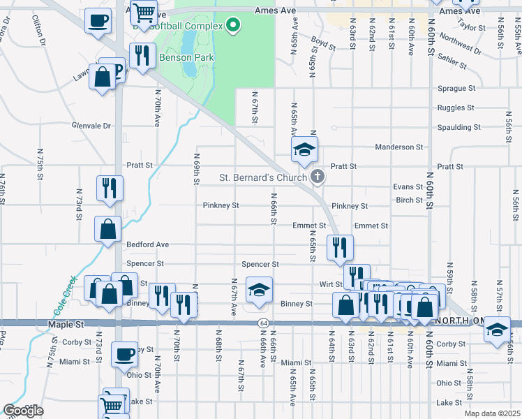map of restaurants, bars, coffee shops, grocery stores, and more near 6615 Pinkney Street in Omaha