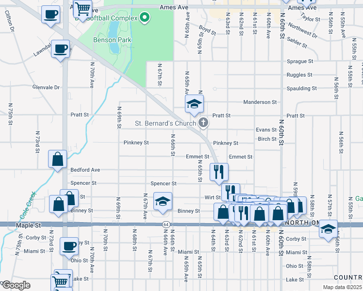 map of restaurants, bars, coffee shops, grocery stores, and more near 6533 Pinkney Street in Omaha