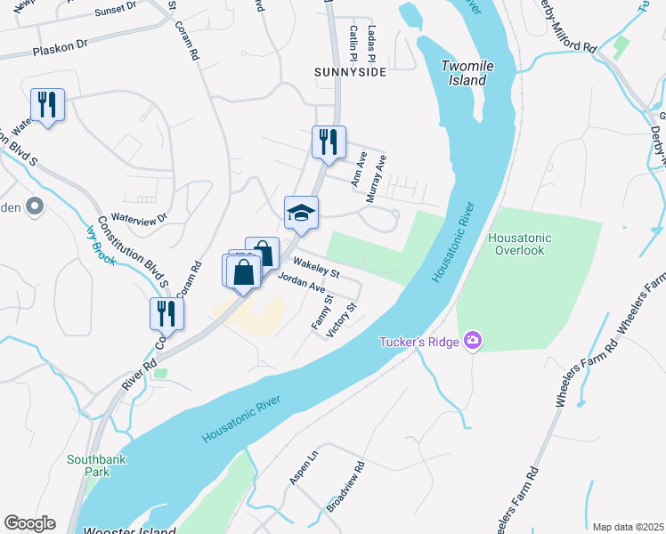 map of restaurants, bars, coffee shops, grocery stores, and more near 62 Wakeley Street in Shelton