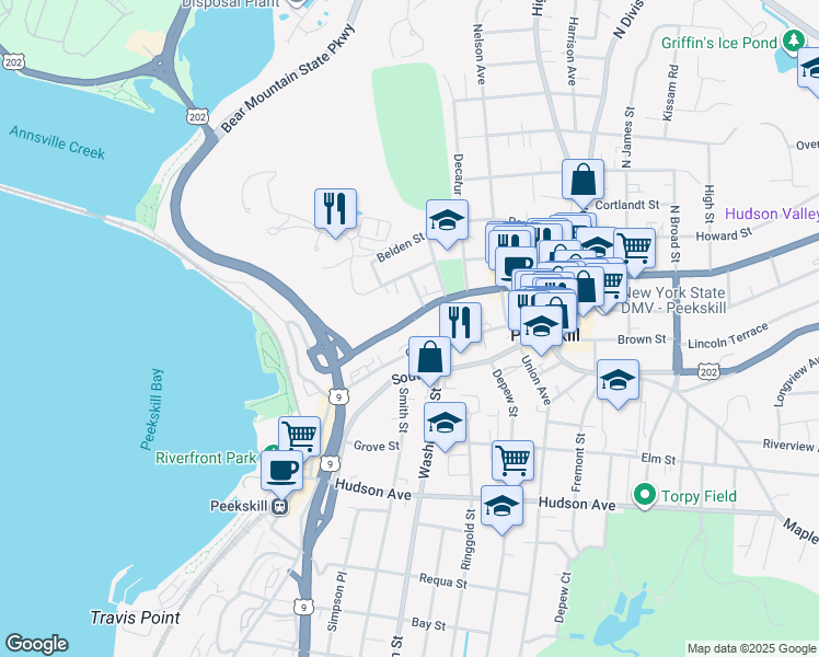 map of restaurants, bars, coffee shops, grocery stores, and more near 649 Main Street in Peekskill