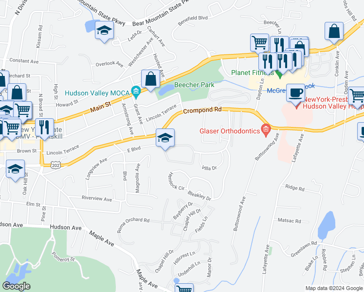 map of restaurants, bars, coffee shops, grocery stores, and more near 6310 Villa at the Woods in Peekskill