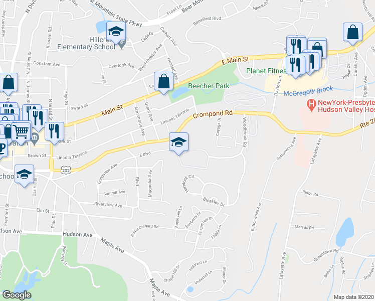 map of restaurants, bars, coffee shops, grocery stores, and more near 6310 Villa at the Woods in Peekskill