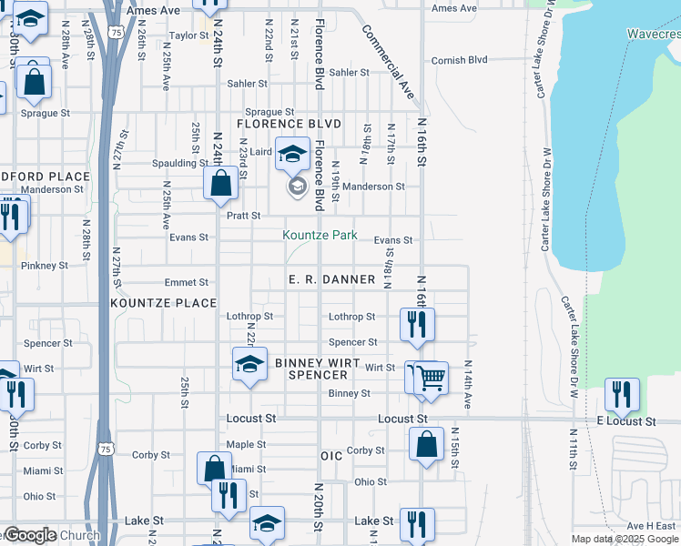 map of restaurants, bars, coffee shops, grocery stores, and more near 1917 Pinkney Street in Omaha