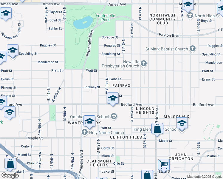 map of restaurants, bars, coffee shops, grocery stores, and more near 3423 North 44th Avenue in Omaha