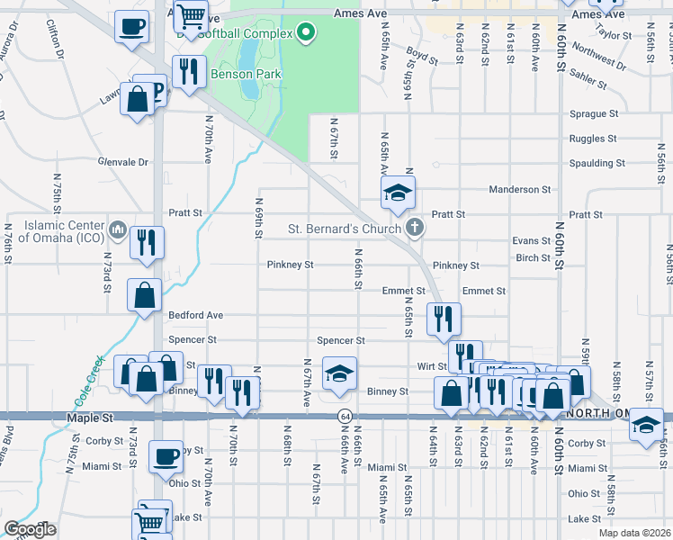 map of restaurants, bars, coffee shops, grocery stores, and more near 6615 Pinkney Street in Omaha