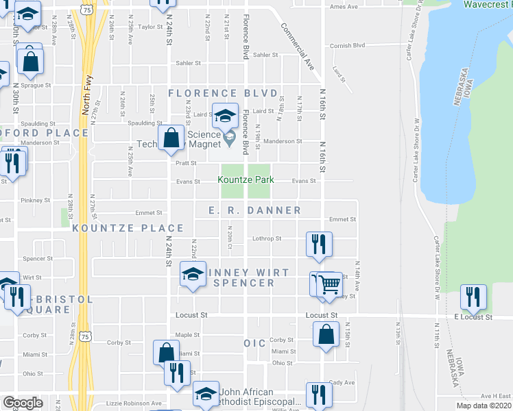 map of restaurants, bars, coffee shops, grocery stores, and more near 1917 Pinkney Street in Omaha