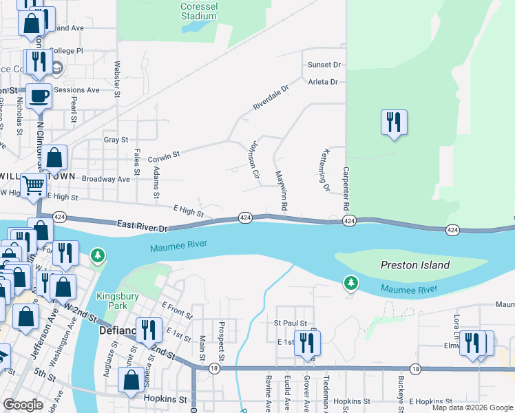 map of restaurants, bars, coffee shops, grocery stores, and more near 150 Johnson Circle in Defiance