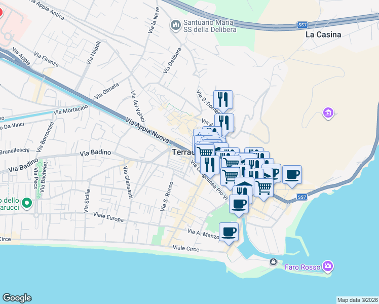 map of restaurants, bars, coffee shops, grocery stores, and more near in Terracina