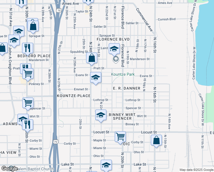 map of restaurants, bars, coffee shops, grocery stores, and more near 2115 Pinkney Street in Omaha