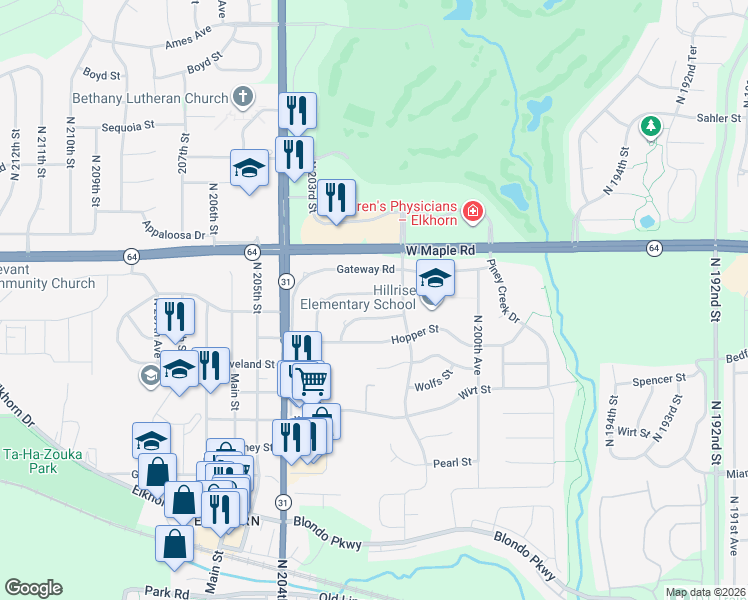 map of restaurants, bars, coffee shops, grocery stores, and more near 20223 Pinkney Street in Omaha