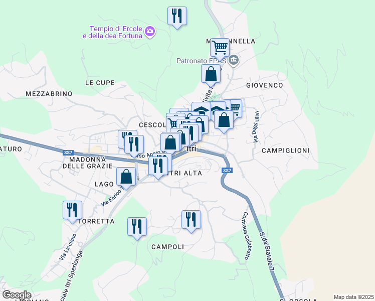 map of restaurants, bars, coffee shops, grocery stores, and more near 11A SS7 in Itri