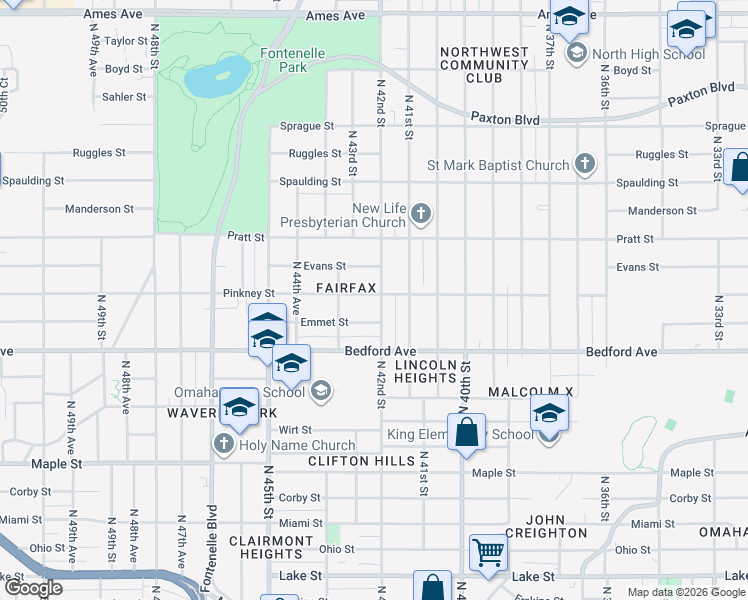 map of restaurants, bars, coffee shops, grocery stores, and more near 3424 North 42nd Street in Omaha