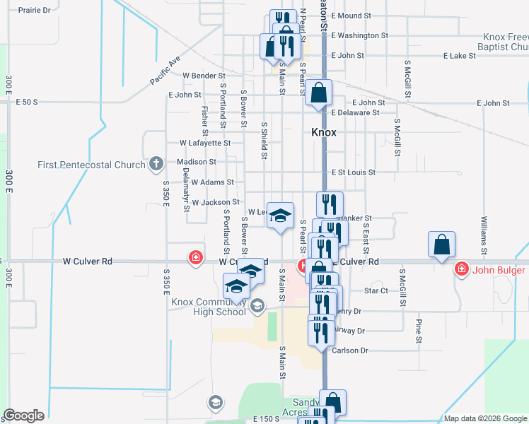 map of restaurants, bars, coffee shops, grocery stores, and more near W Leo St in Knox