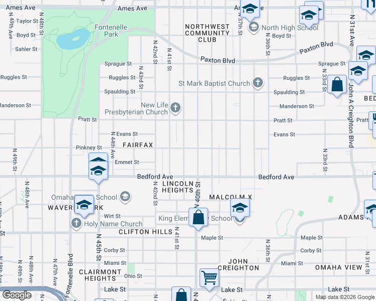 map of restaurants, bars, coffee shops, grocery stores, and more near 3359 North 40th Avenue in Omaha