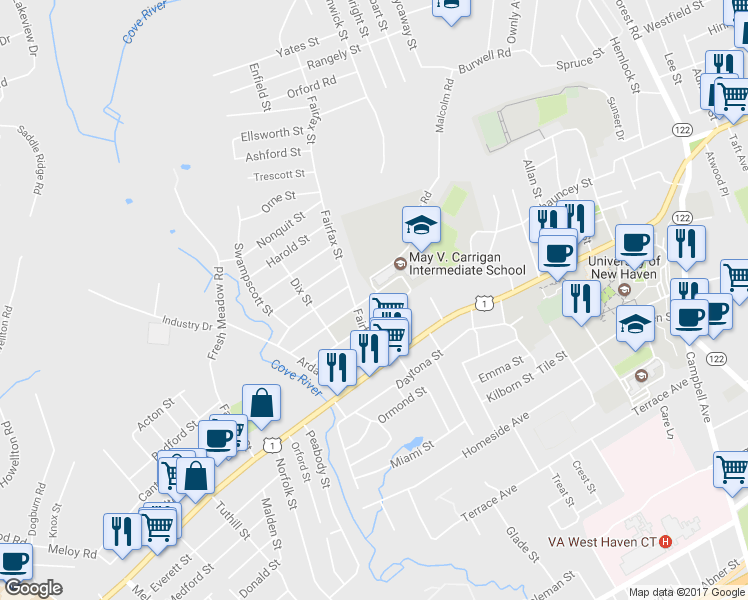 map of restaurants, bars, coffee shops, grocery stores, and more near 6 Tetlow Street in West Haven